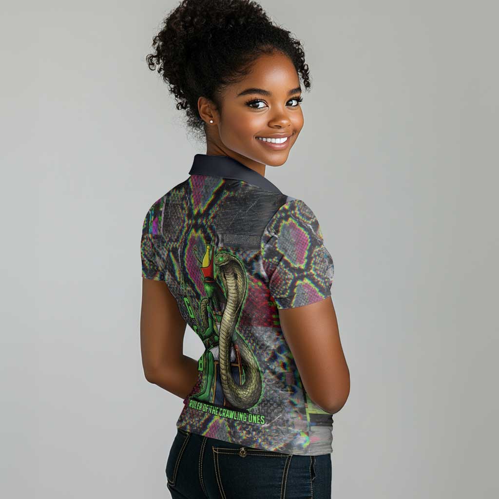 Geb Ancient Egyptian Women Polo Shirt with Serpent Throne and Snake Skin Texture Egyptian Earth God Tribute - African Pride