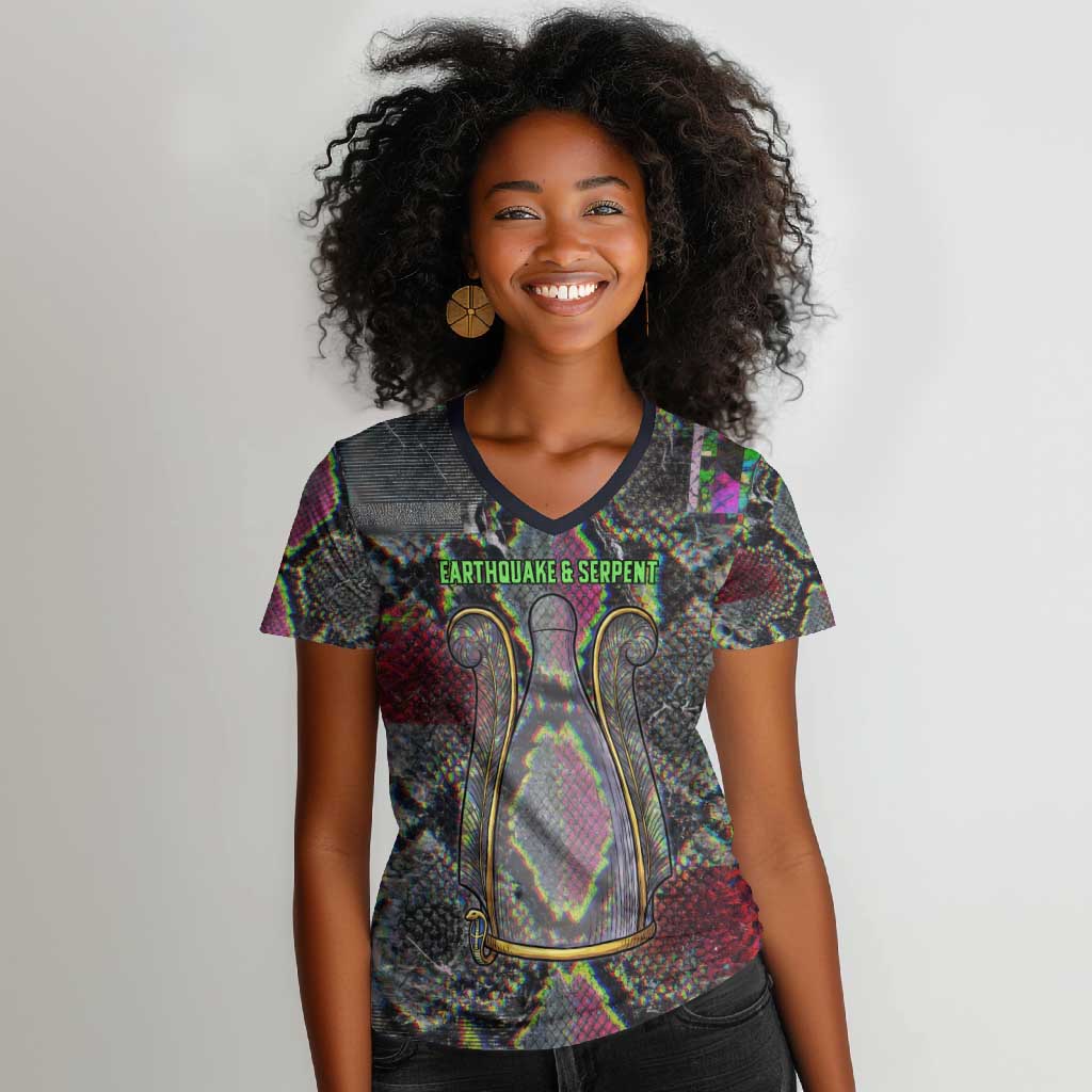 Geb Ancient Egyptian Women V-Neck T-Shirt with Serpent Throne and Snake Skin Texture Egyptian Earth God Tribute - African Pride
