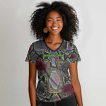 Geb Ancient Egyptian Women V-Neck T-Shirt with Serpent Throne and Snake Skin Texture Egyptian Earth God Tribute - African Pride