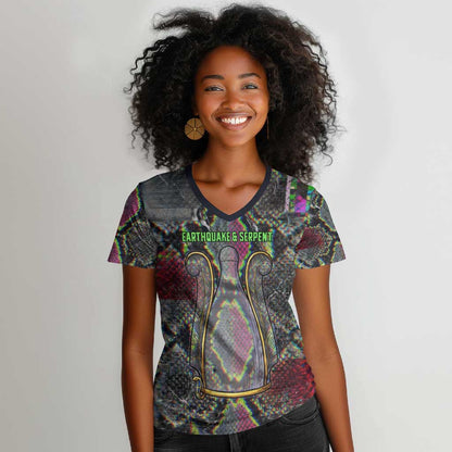 Geb Ancient Egyptian Women V-Neck T-Shirt with Serpent Throne and Snake Skin Texture Egyptian Earth God Tribute - African Pride