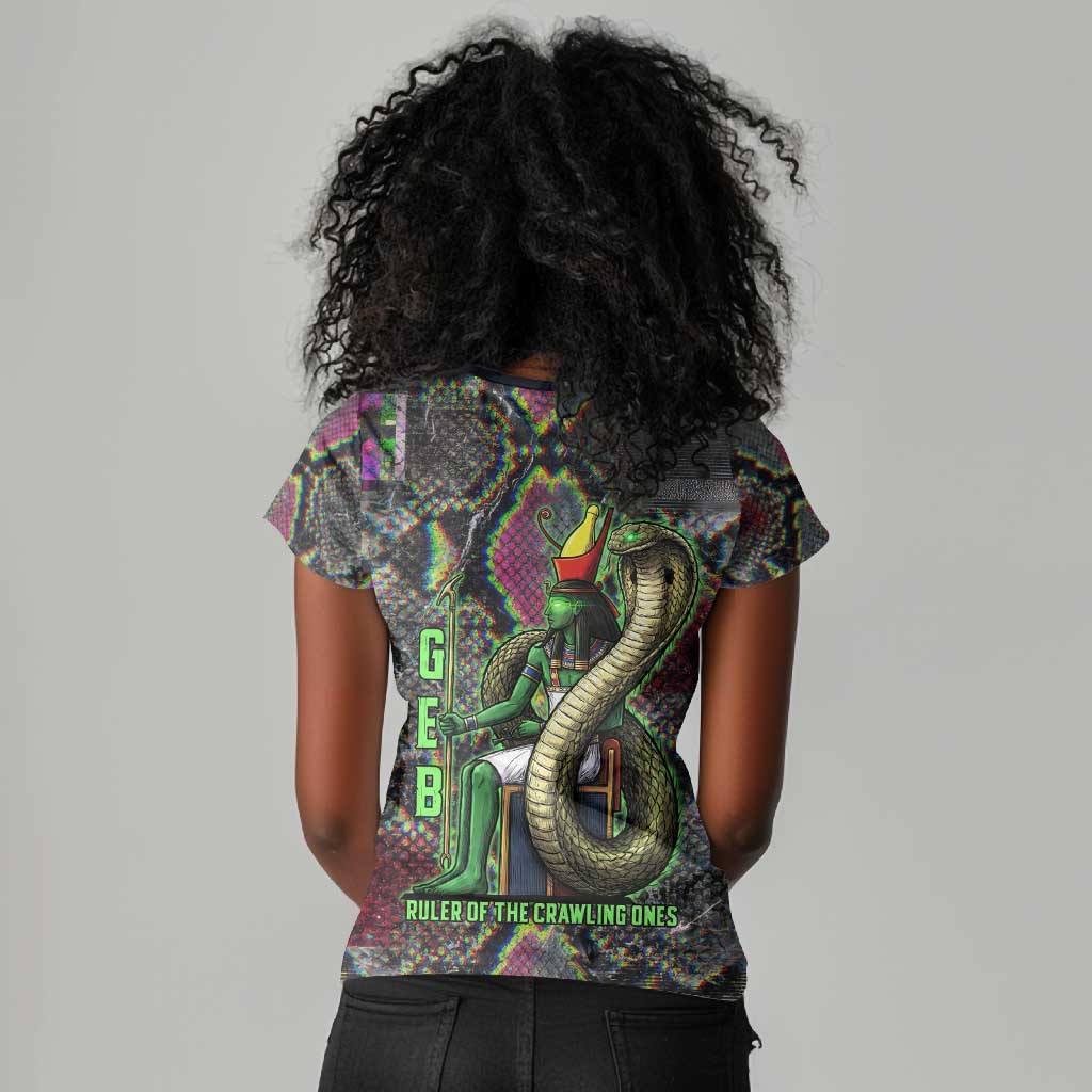 Geb Ancient Egyptian Women V-Neck T-Shirt with Serpent Throne and Snake Skin Texture Egyptian Earth God Tribute - African Pride