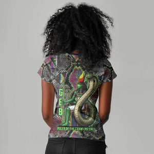 Geb Ancient Egyptian Women V-Neck T-Shirt with Serpent Throne and Snake Skin Texture Egyptian Earth God Tribute - African Pride