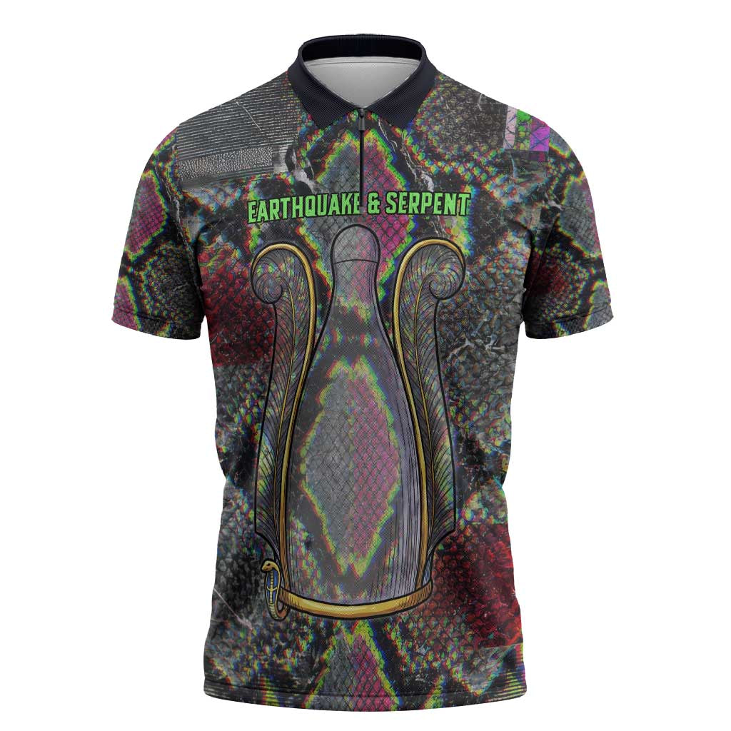 Geb Ancient Egyptian Zipper Polo Shirt with Serpent Throne and Snake Skin Texture Egyptian Earth God Tribute - African Pride