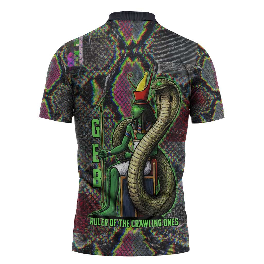 Geb Ancient Egyptian Zipper Polo Shirt with Serpent Throne and Snake Skin Texture Egyptian Earth God Tribute - African Pride