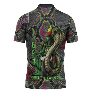 Geb Ancient Egyptian Zipper Polo Shirt with Serpent Throne and Snake Skin Texture Egyptian Earth God Tribute - African Pride