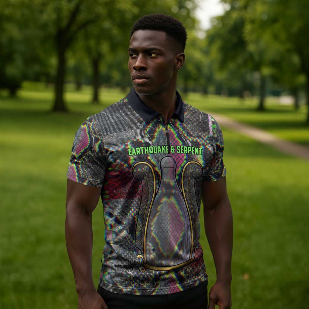 Geb Ancient Egyptian Zipper Polo Shirt with Serpent Throne and Snake Skin Texture Egyptian Earth God Tribute - African Pride