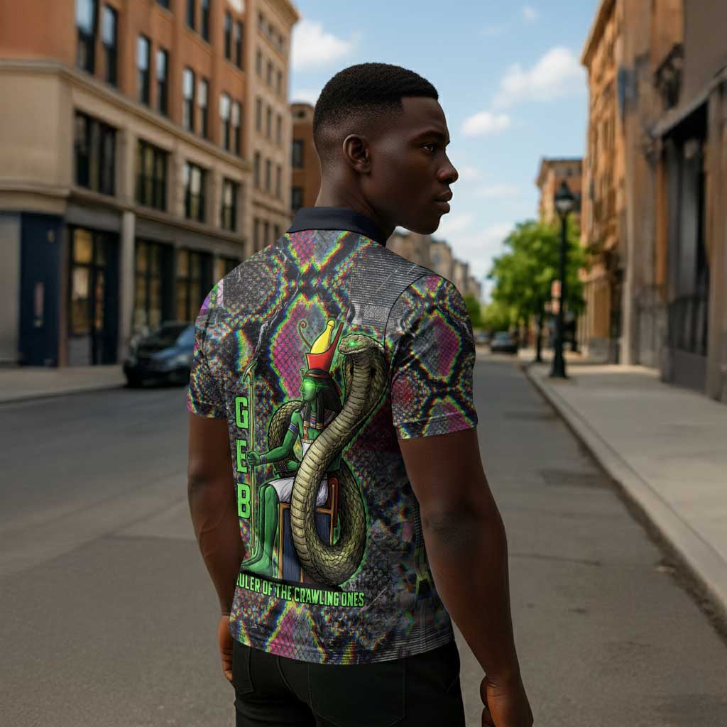 Geb Ancient Egyptian Zipper Polo Shirt with Serpent Throne and Snake Skin Texture Egyptian Earth God Tribute - African Pride