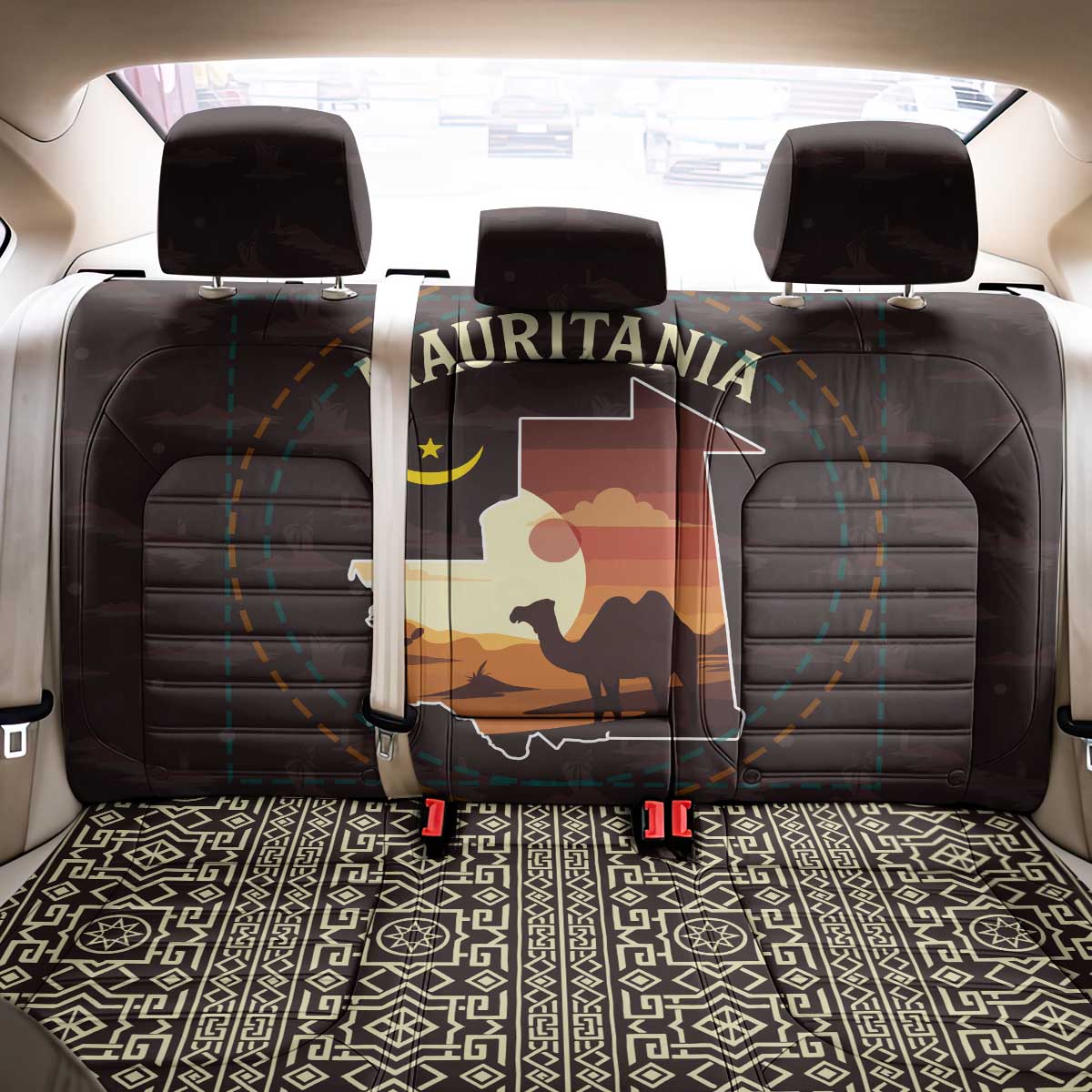 Mauritania Back Car Seat Cover - Desert Sunset Camel Silhouette and Flag Accents