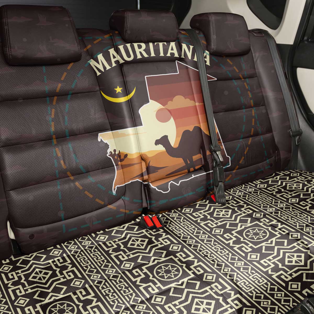 Mauritania Back Car Seat Cover - Desert Sunset Camel Silhouette and Flag Accents
