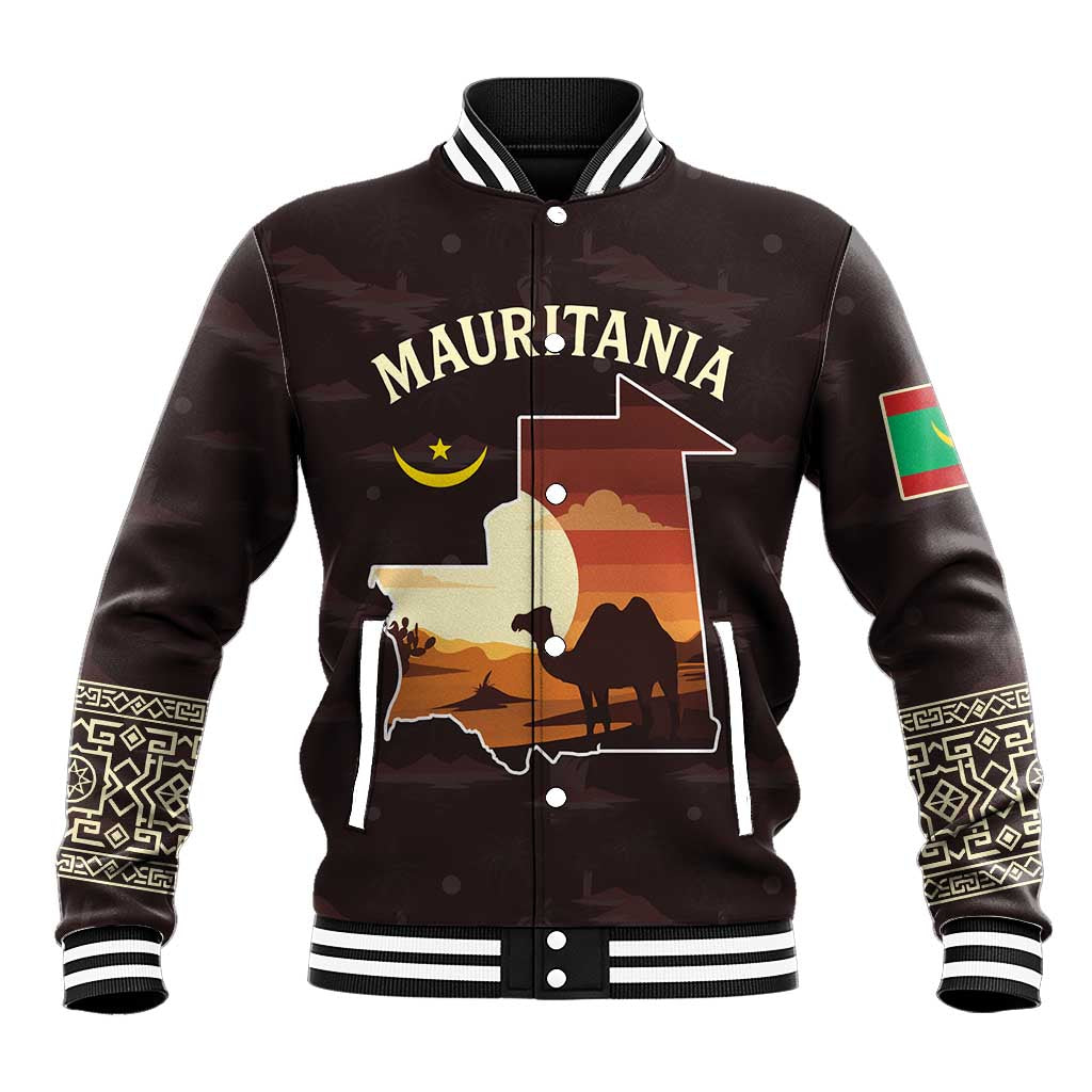 Mauritania Baseball Jacket - Desert Sunset Camel Silhouette and Flag Accents