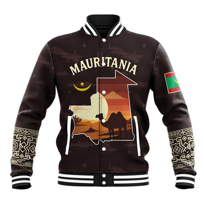 Mauritania Baseball Jacket - Desert Sunset Camel Silhouette and Flag Accents