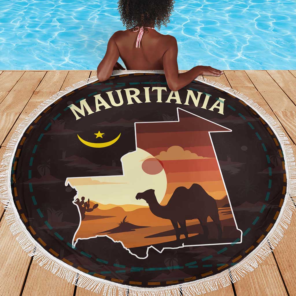 Mauritania Beach Blanket - Desert Sunset Camel Silhouette and Flag Accents