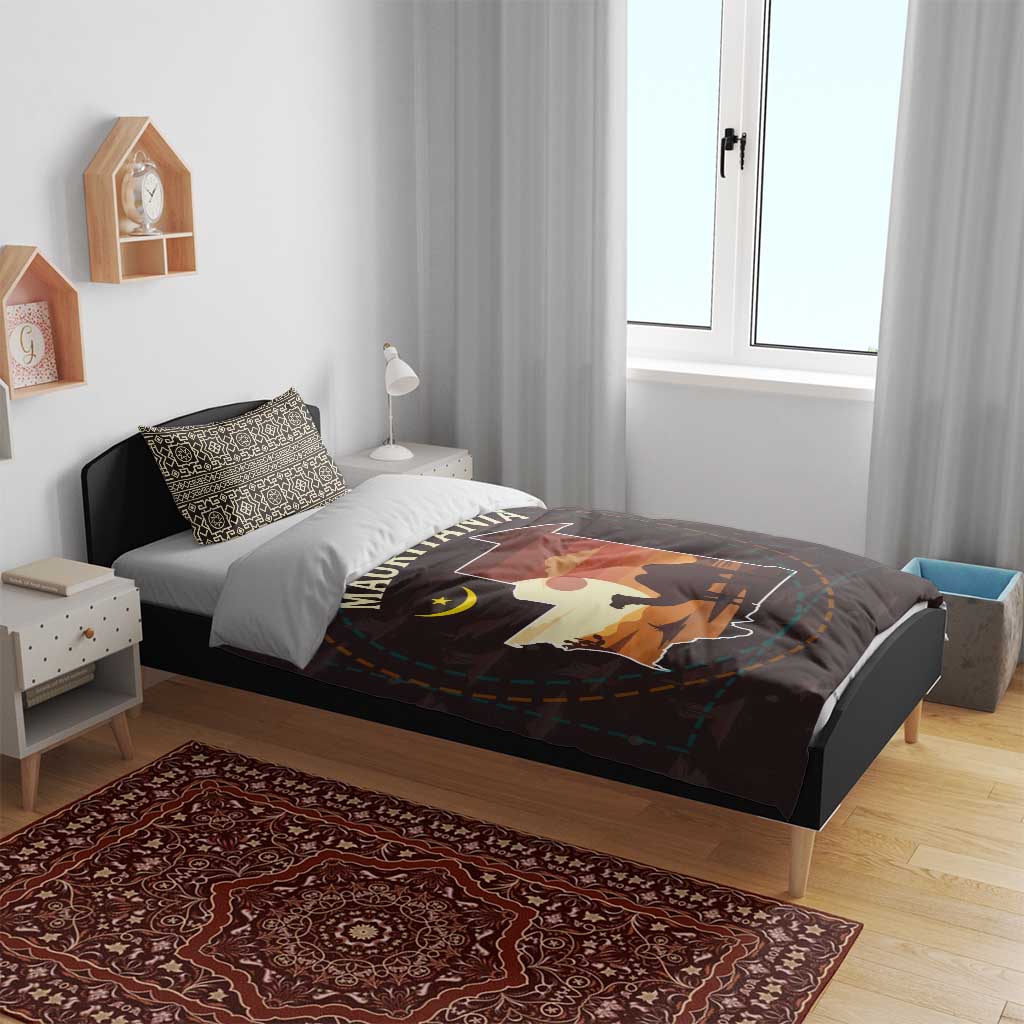 Mauritania Bedding Set - Desert Sunset Camel Silhouette and Flag Accents