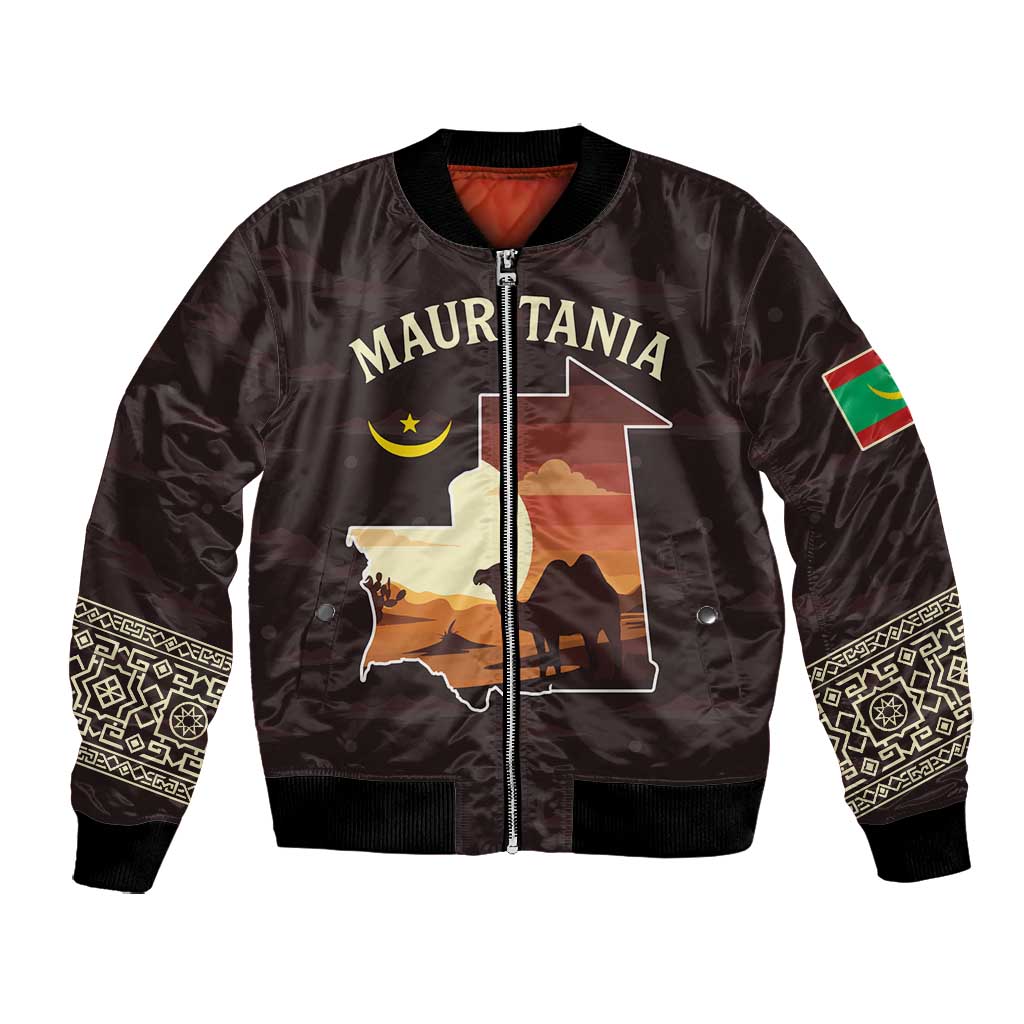 Mauritania Bomber Jacket - Desert Sunset Camel Silhouette and Flag Accents