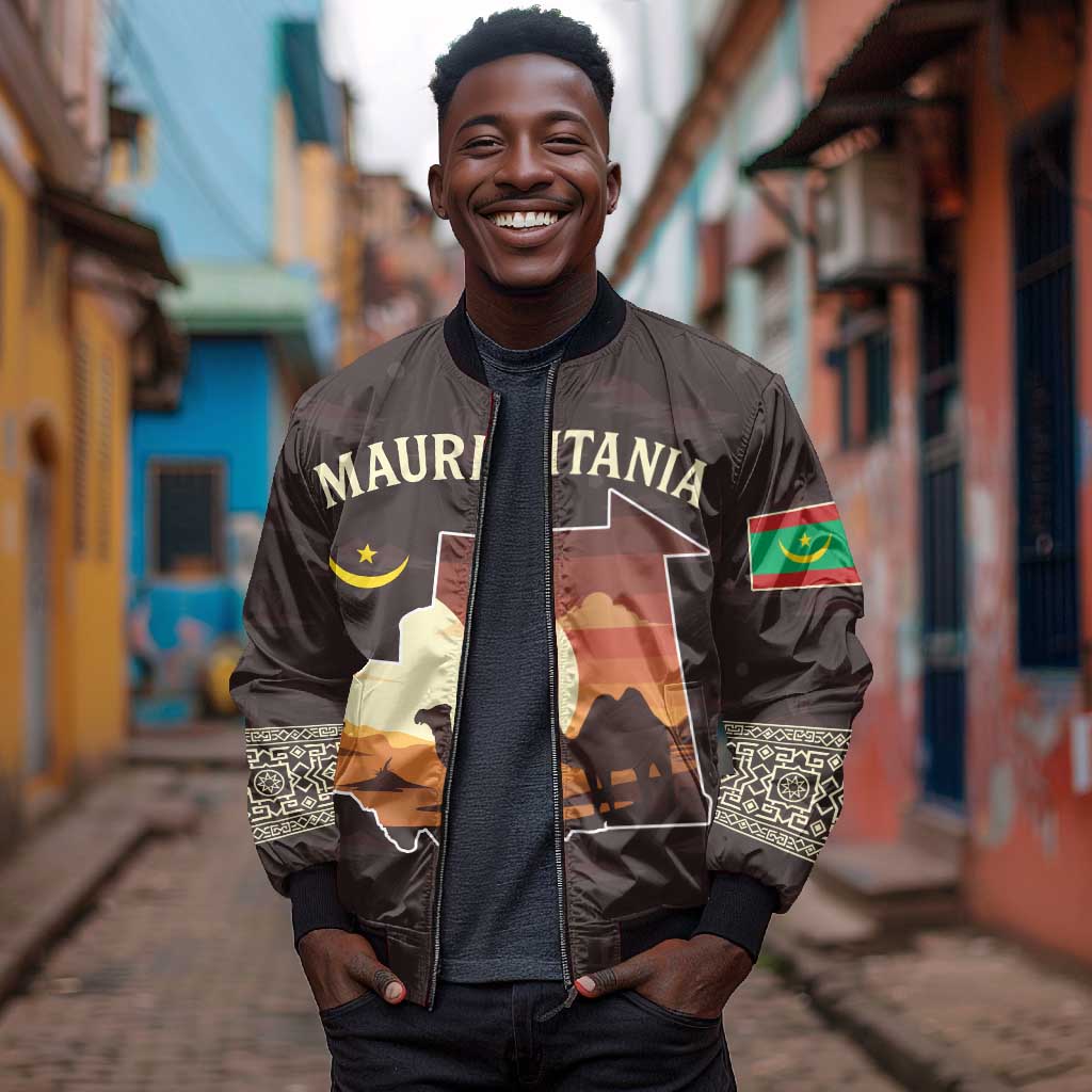 Mauritania Bomber Jacket - Desert Sunset Camel Silhouette and Flag Accents
