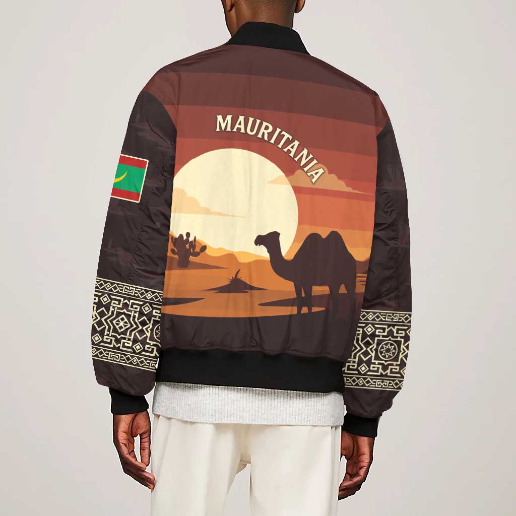 Mauritania Bomber Jacket - Desert Sunset Camel Silhouette and Flag Accents
