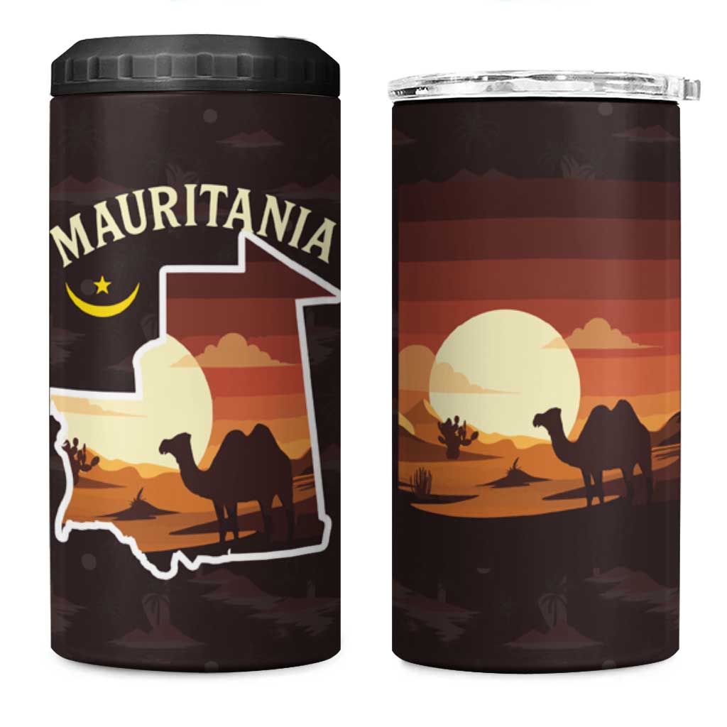 Mauritania 4 in 1 Can Cooler Tumbler - Desert Sunset Camel Silhouette and Flag Accents