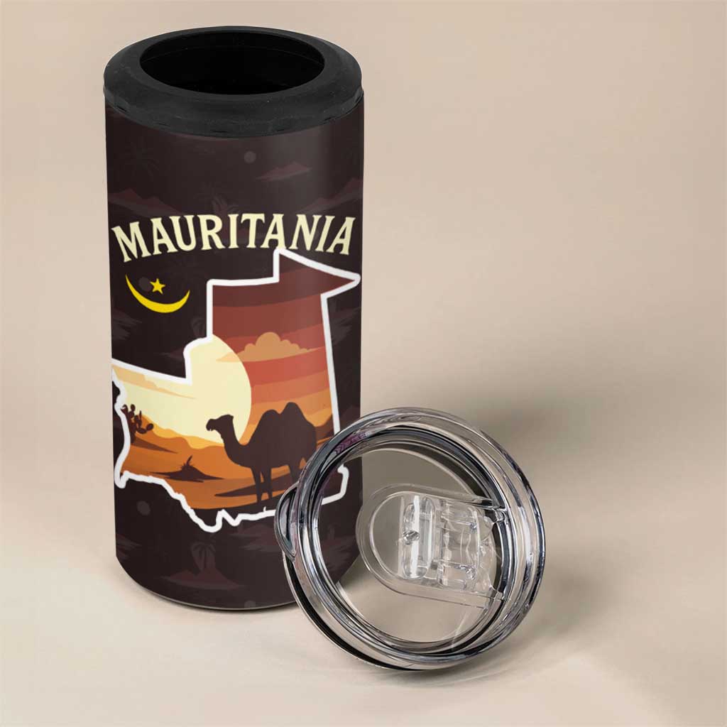 Mauritania 4 in 1 Can Cooler Tumbler - Desert Sunset Camel Silhouette and Flag Accents