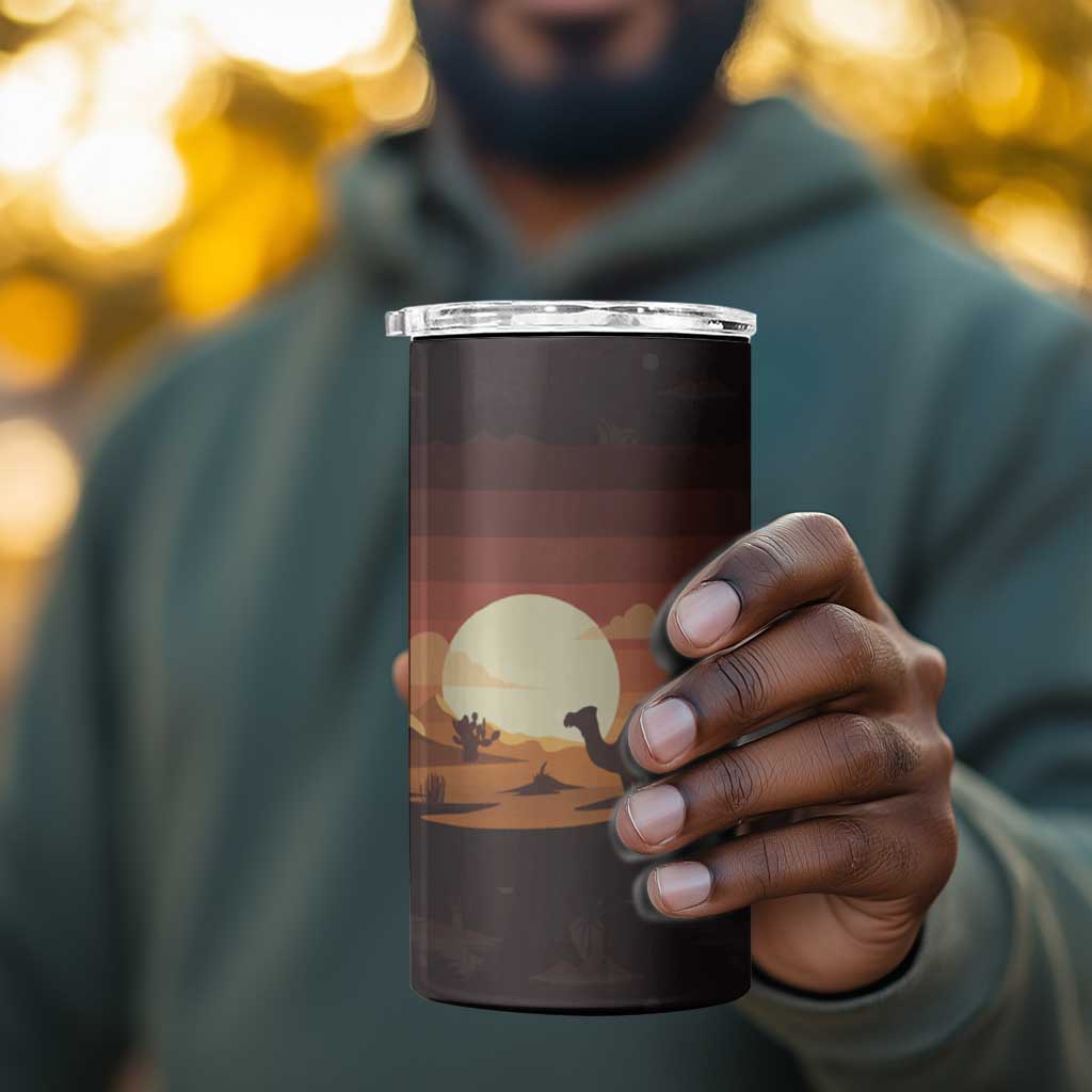 Mauritania 4 in 1 Can Cooler Tumbler - Desert Sunset Camel Silhouette and Flag Accents