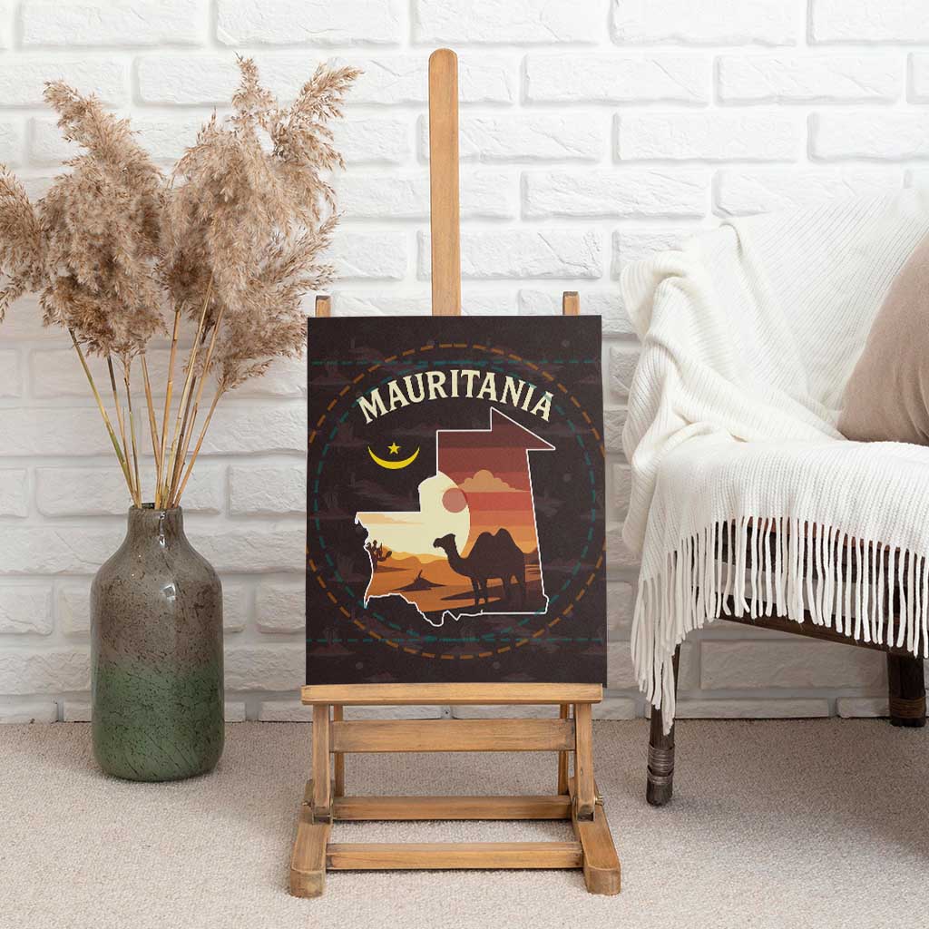 Mauritania Canvas Wall Art - Desert Sunset Camel Silhouette and Flag Accents
