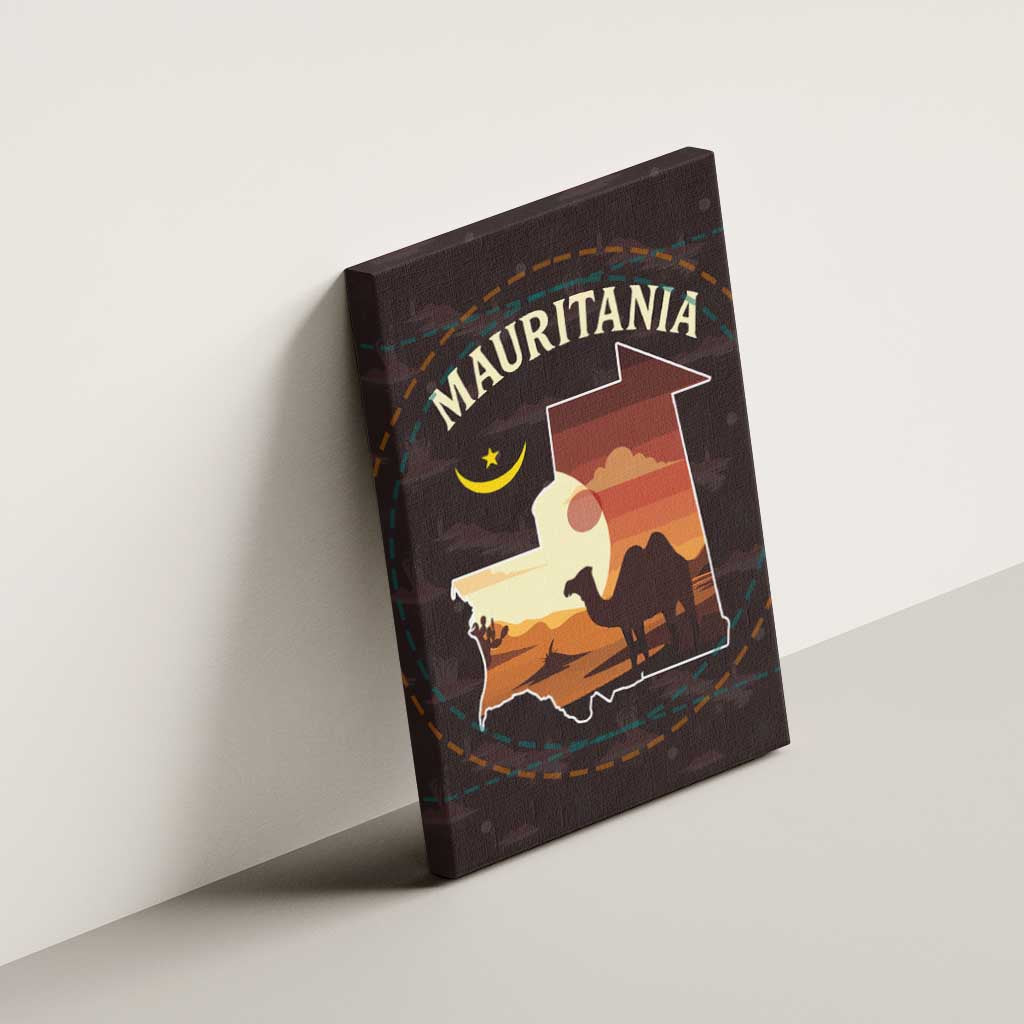 Mauritania Canvas Wall Art - Desert Sunset Camel Silhouette and Flag Accents