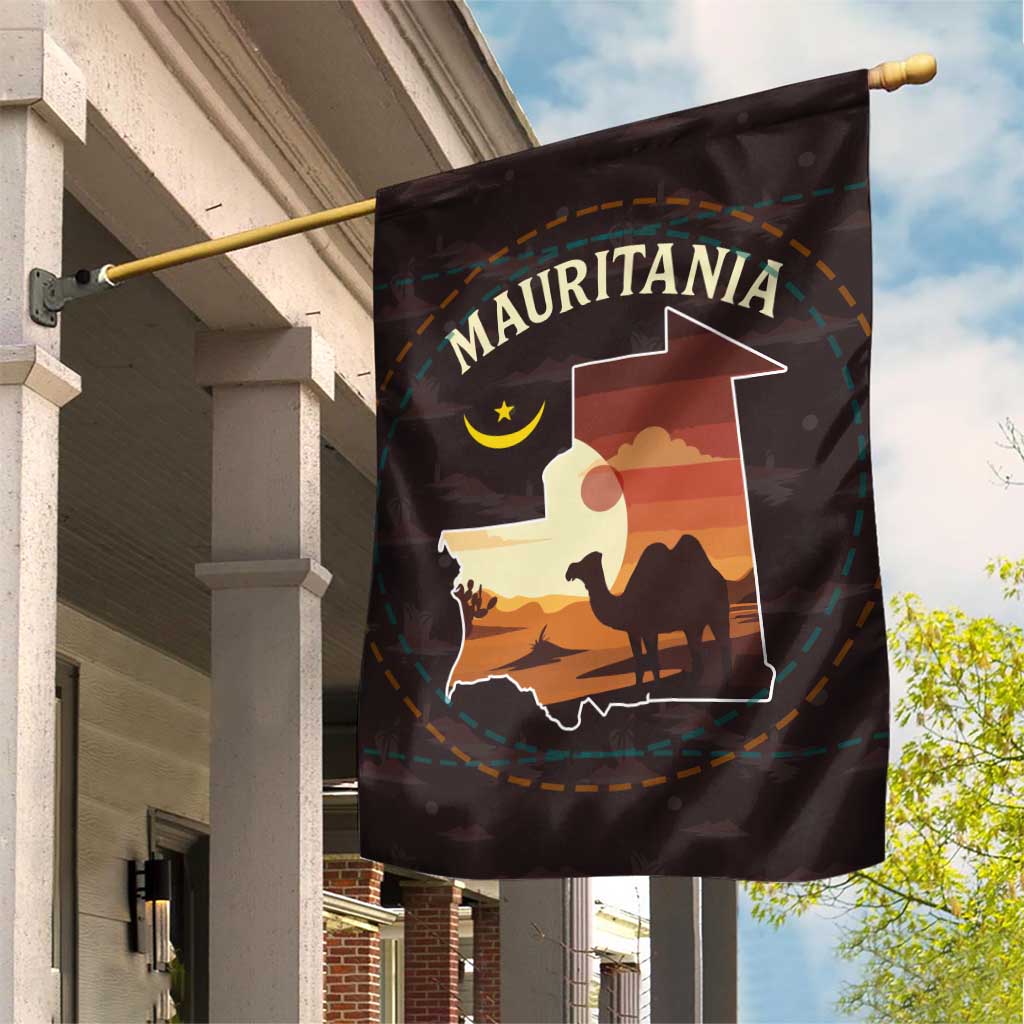 Mauritania Garden Flag - Desert Sunset Camel Silhouette and Flag Accents
