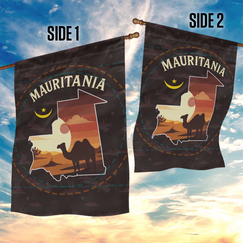 Mauritania Garden Flag - Desert Sunset Camel Silhouette and Flag Accents