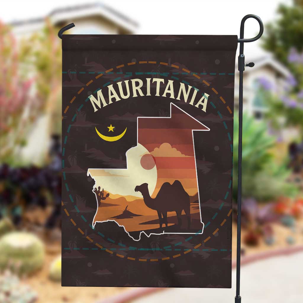 Mauritania Garden Flag - Desert Sunset Camel Silhouette and Flag Accents
