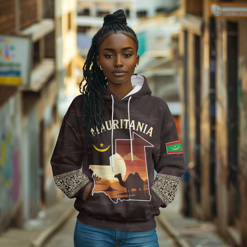 Mauritania Hoodie - Desert Sunset Camel Silhouette and Flag Accents