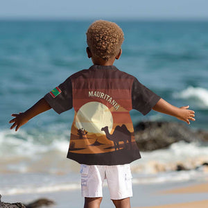Mauritania Kid Hawaiian Shirt - Desert Sunset Camel Silhouette and Flag Accents