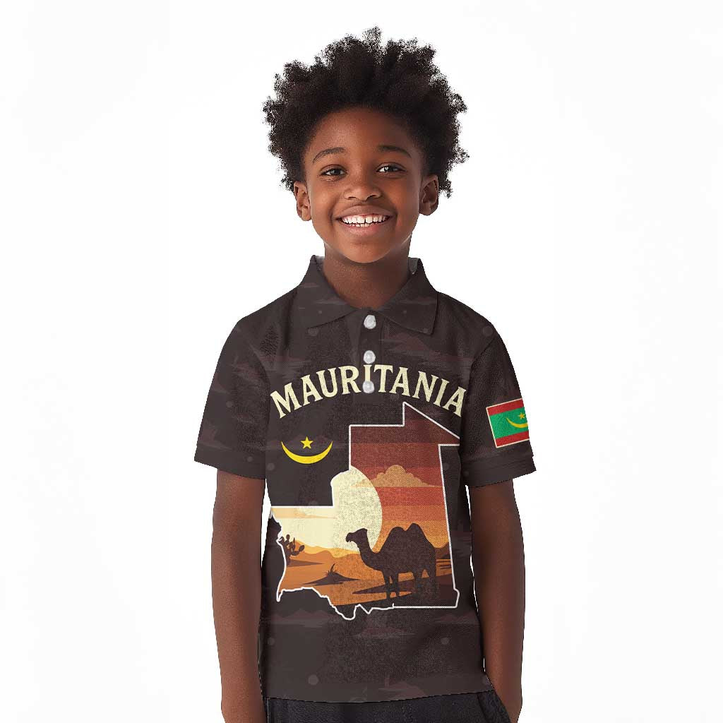 Mauritania Kid Polo Shirt - Desert Sunset Camel Silhouette and Flag Accents