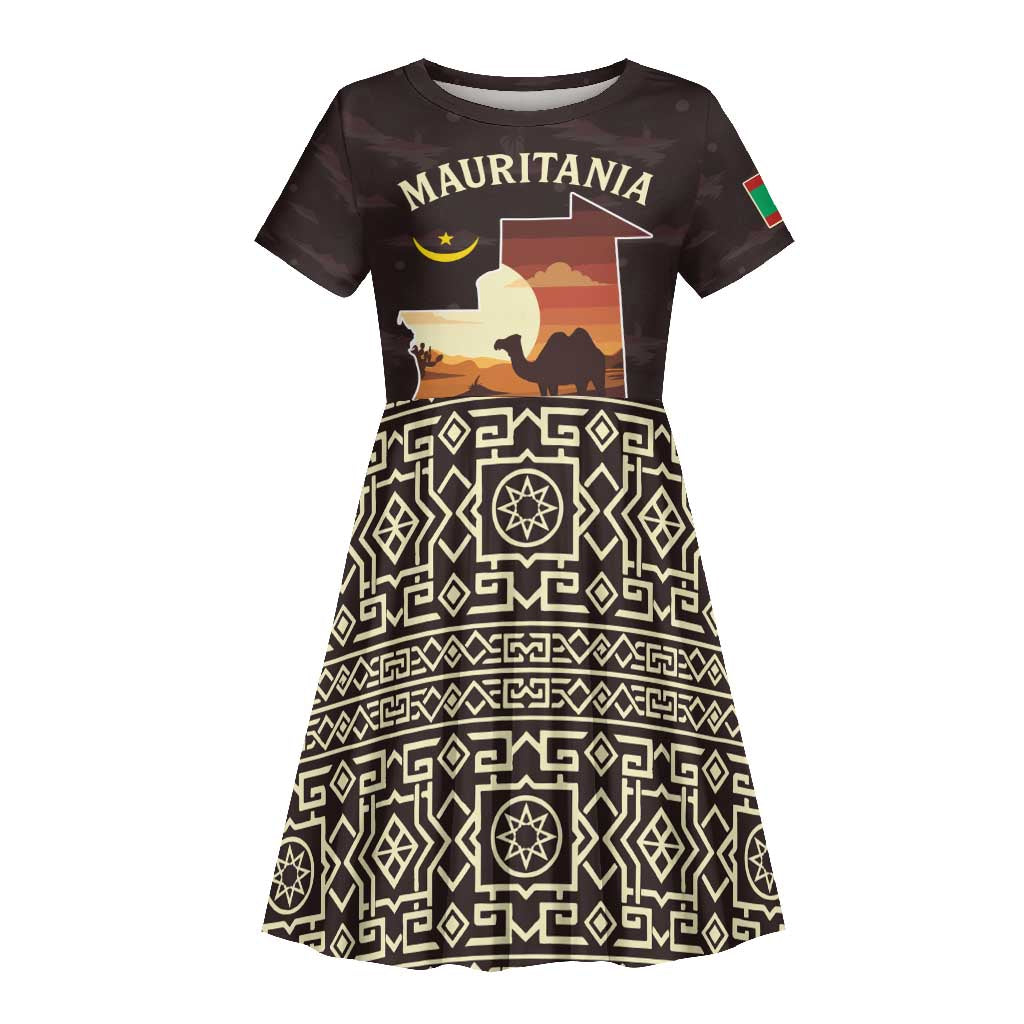 Mauritania Kid Short Sleeve Dress - Desert Sunset Camel Silhouette and Flag Accents