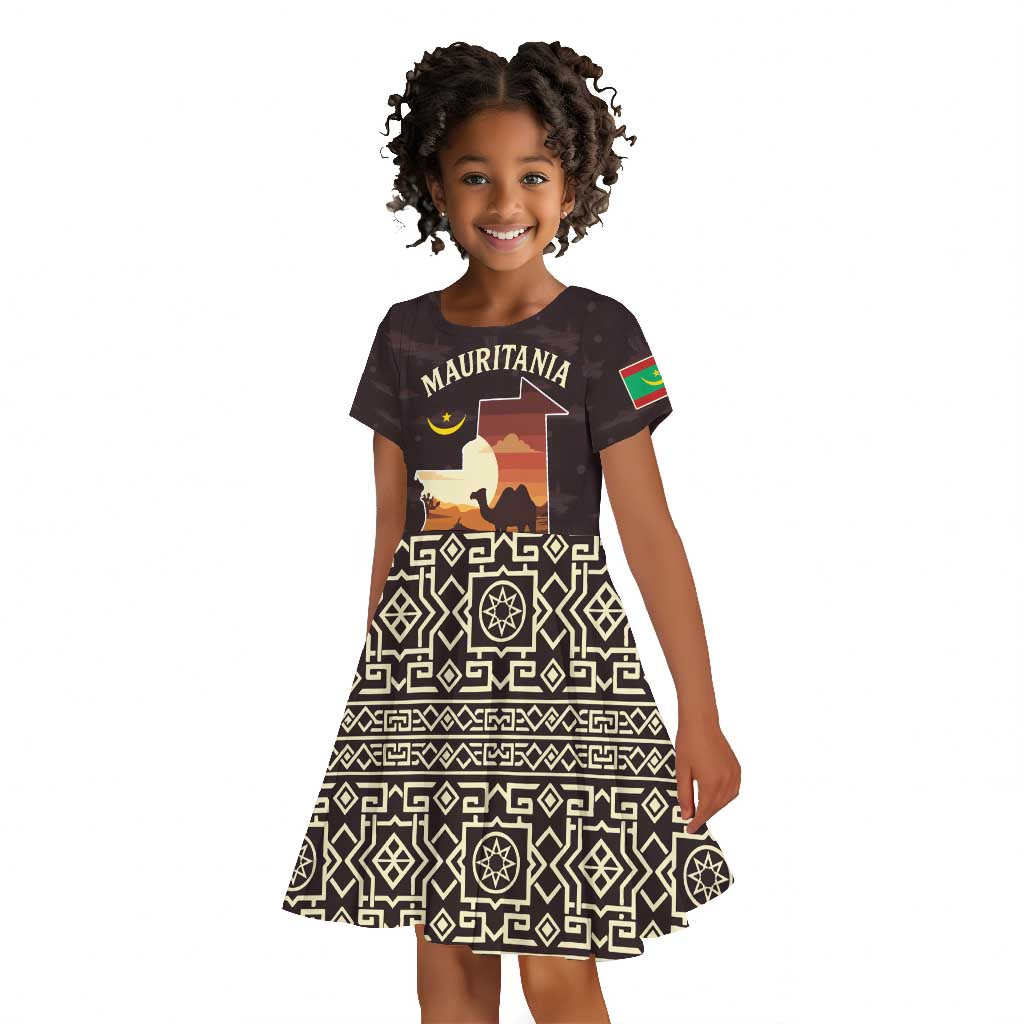 Mauritania Kid Short Sleeve Dress - Desert Sunset Camel Silhouette and Flag Accents