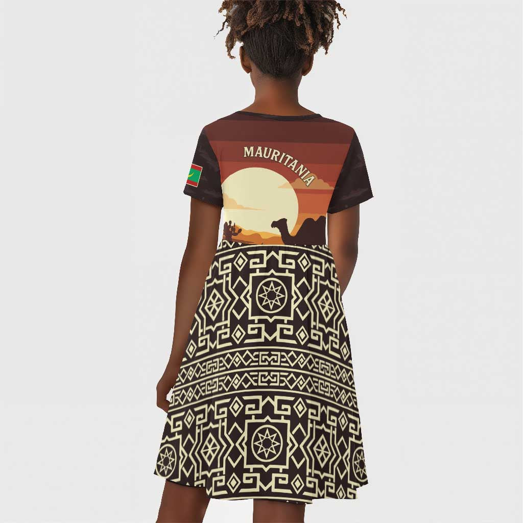 Mauritania Kid Short Sleeve Dress - Desert Sunset Camel Silhouette and Flag Accents