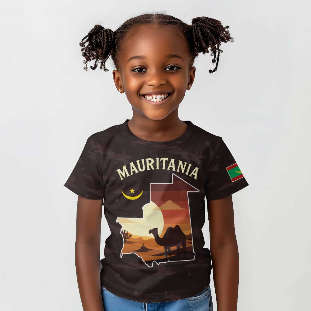 Mauritania Kid T shirt - Desert Sunset Camel Silhouette and Flag Accents