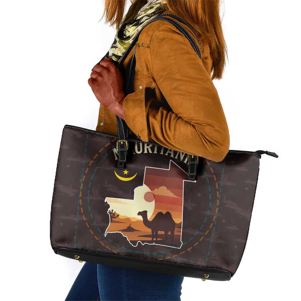 Mauritania Leather Tote Bag - Desert Sunset Camel Silhouette and Flag Accents