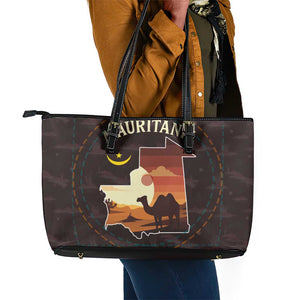 Mauritania Leather Tote Bag - Desert Sunset Camel Silhouette and Flag Accents