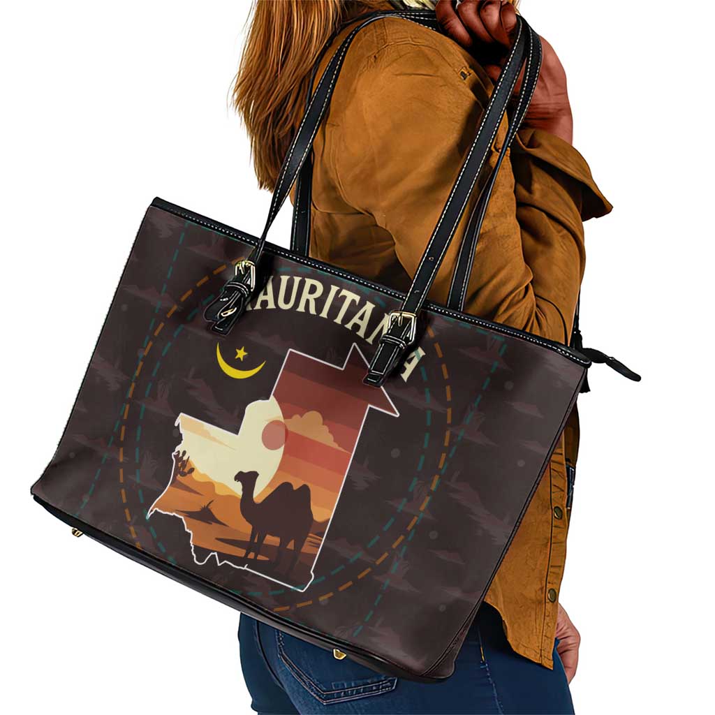 Mauritania Leather Tote Bag - Desert Sunset Camel Silhouette and Flag Accents