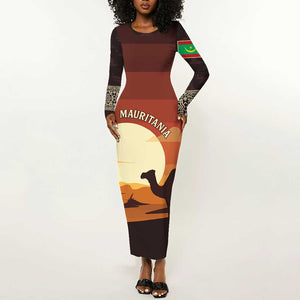 Mauritania Long Sleeve Bodycon Dress - Desert Sunset Camel Silhouette and Flag Accents TS04