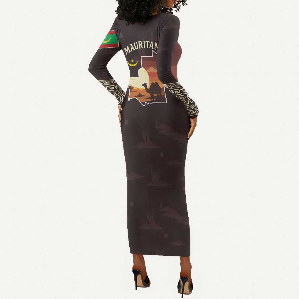 Mauritania Long Sleeve Bodycon Dress - Desert Sunset Camel Silhouette and Flag Accents TS04