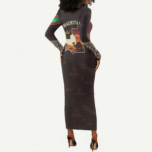 Mauritania Long Sleeve Bodycon Dress - Desert Sunset Camel Silhouette and Flag Accents TS04