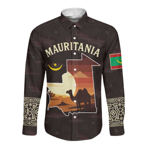 Mauritania Long Sleeve Button Shirt - Desert Sunset Camel Silhouette and Flag Accents