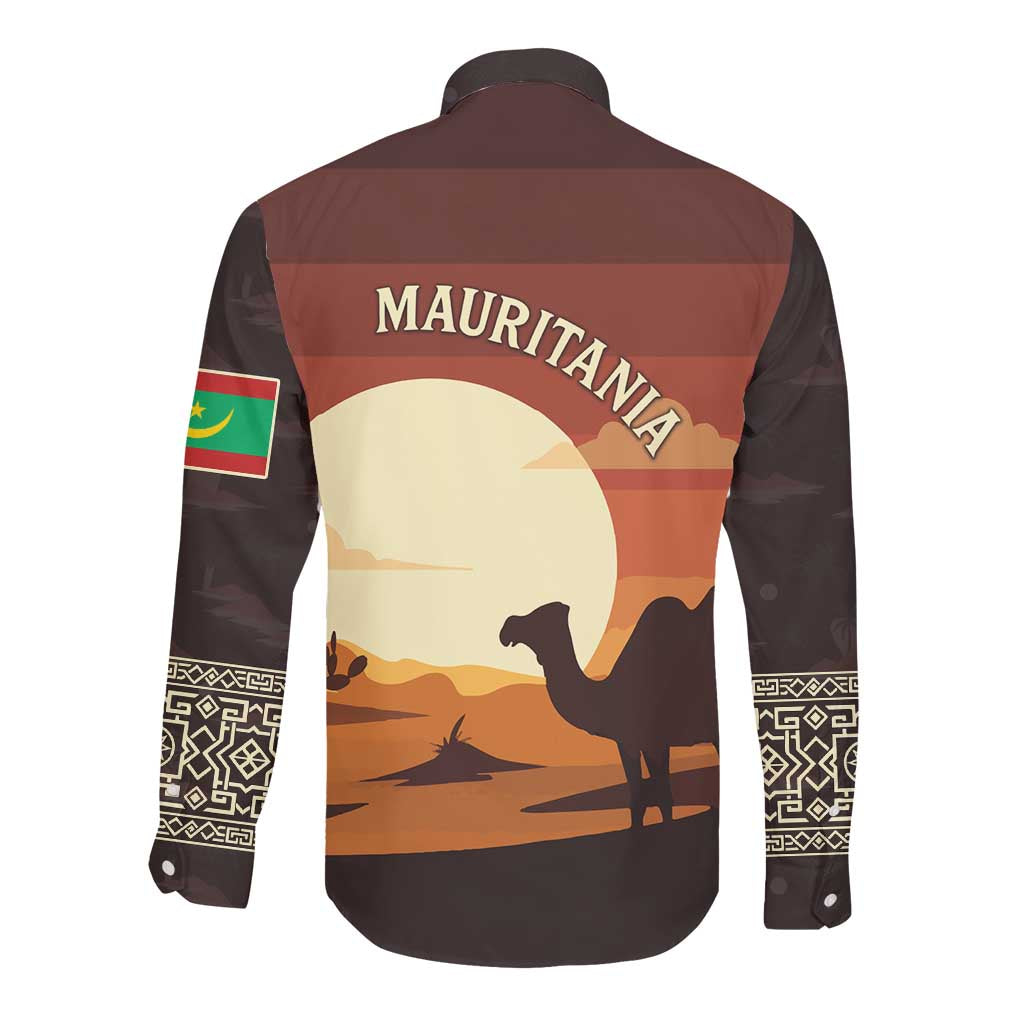 Mauritania Long Sleeve Button Shirt - Desert Sunset Camel Silhouette and Flag Accents
