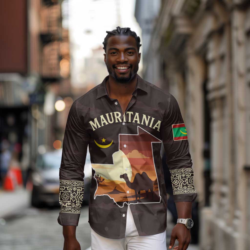 Mauritania Long Sleeve Button Shirt - Desert Sunset Camel Silhouette and Flag Accents