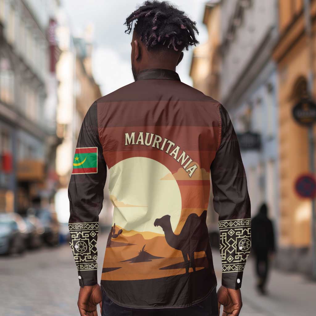 Mauritania Long Sleeve Button Shirt - Desert Sunset Camel Silhouette and Flag Accents