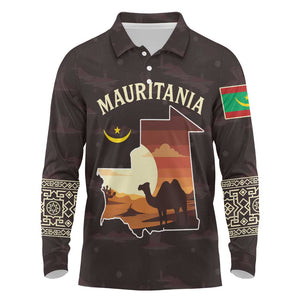 Mauritania Long Sleeve Polo Shirt - Desert Sunset Camel Silhouette and Flag Accents