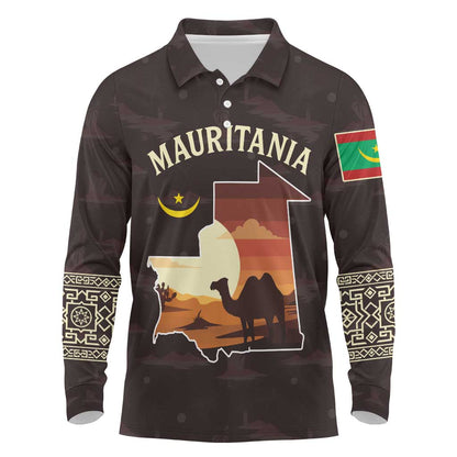 Mauritania Long Sleeve Polo Shirt - Desert Sunset Camel Silhouette and Flag Accents