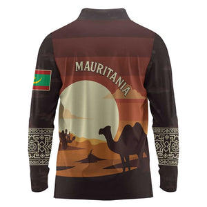 Mauritania Long Sleeve Polo Shirt - Desert Sunset Camel Silhouette and Flag Accents