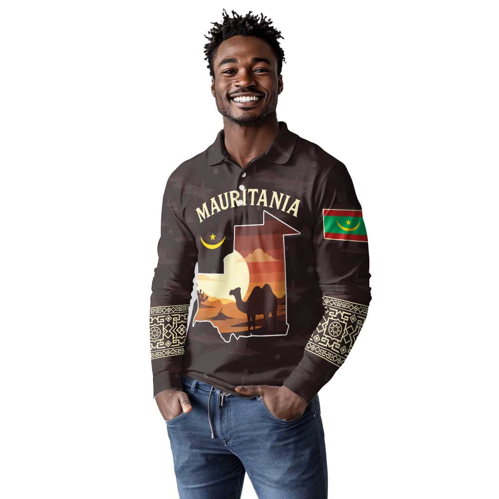 Mauritania Long Sleeve Polo Shirt - Desert Sunset Camel Silhouette and Flag Accents