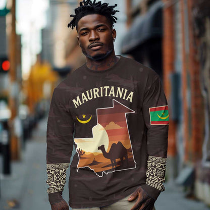 Mauritania Long Sleeve Shirt - Desert Sunset Camel Silhouette and Flag Accents